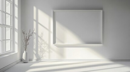 Fototapeta premium Minimalist white room with sunlight casting shadows on empty picture frame