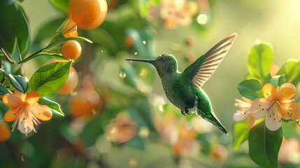 Fototapeta premium green bird over orange fruit generated AI