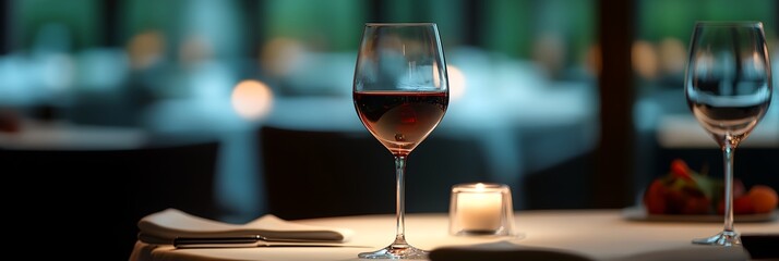 A wine glass is on a table with a candle in front of it. The candle is lit and the wine glass is full. The scene is set in a restaurant or a fancy dining room. Scene is elegant and sophisticated