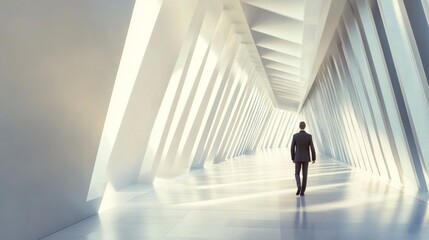 People in the architectural perspective. The sloping lines of the architecture. The man in the suit comes in a bright corridor in a modern building