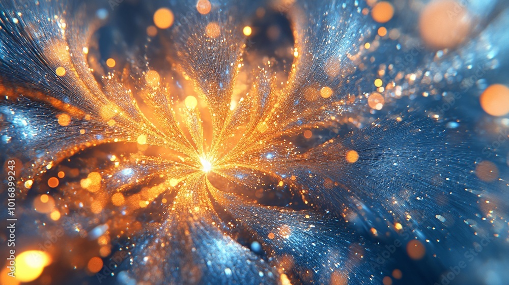 Poster abstract glowing particle explosion with vibrant blue and orange light streaks in a dynamic cosmic b