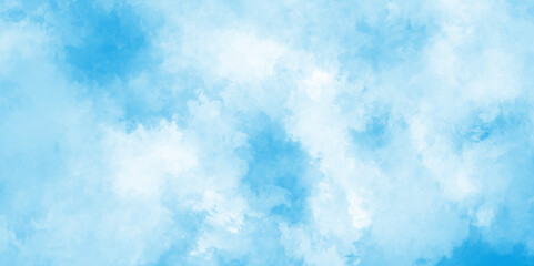 abstract blue watercolor scraped grungy background, White cumulus clouds formation in blue sky. abstract washes and brush strokes on white paper background.