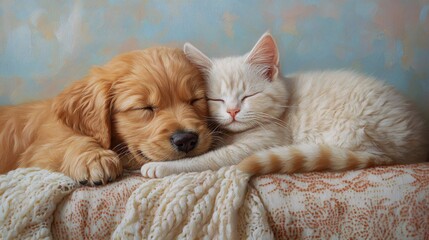 Adorable Golden Retriever Puppy and Kitten Sleeping Peacefully on Cozy Blanket in Warm Light