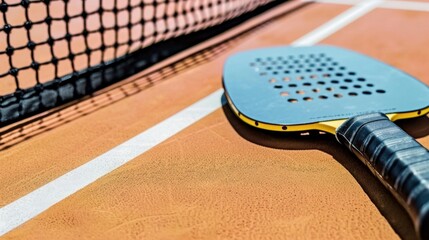 Paddle racket on an orange outdoor court surface near net lines