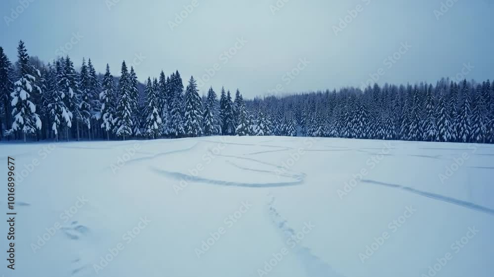 Poster camera moving forward revealing a snowy path going through a forest with snow-capped trees. a bright