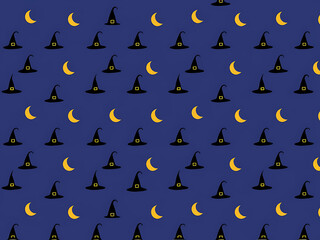A seamless pattern featuring tiny black witches hats and crescent moons.