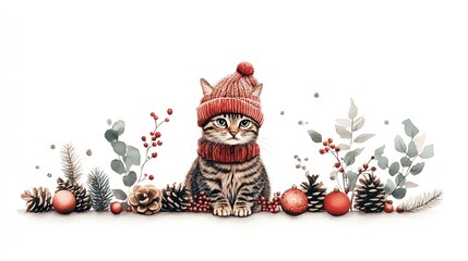 A festive cat wearing a cozy hat sits among winter decorations, creating a charming holiday atmosphere.