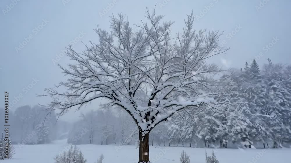 Poster snow is accumulating on the branches of a large leafless tree and on the ground during a winter snow