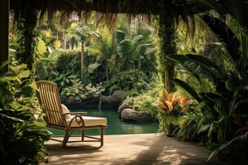 Tropical garden chair architecture vegetation.