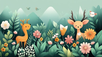 A whimsical illustration of deer among vibrant flowers and lush greenery, set against a serene mountain backdrop.