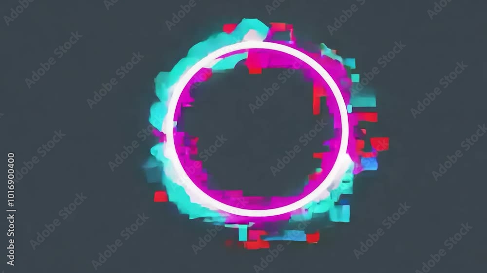 Poster glitching neon circles create a captivating visual on a dark background, enhanced by a striking digi