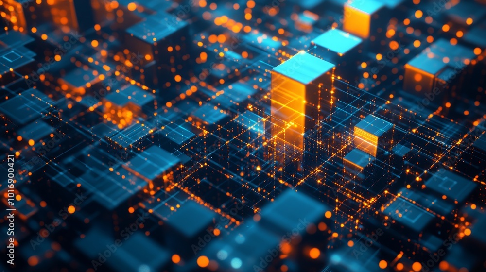 Aufkleber this vibrant artwork abstractly portrays a complex digital network with glowing cubes and intricate 