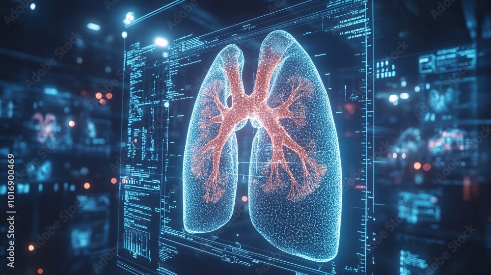 Poster futuristic digital interface displaying detailed 3d visualization of human lungs in a high-tech medi