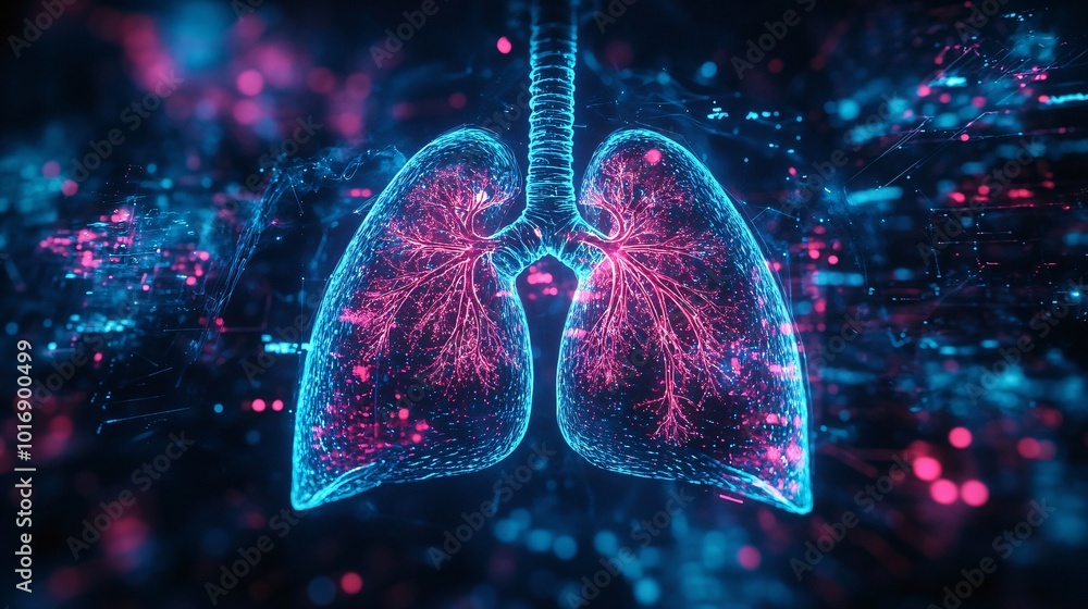 Aufkleber futuristic digital visualization of human lungs with neon lights and abstract data patterns
