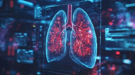 Obraz premium Futuristic Digital Visualization of Human Lungs with Data Interface in a High-Tech Medical Research Environment