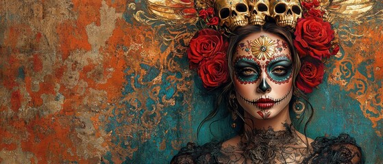 A woman adorned in colorful Day of the Dead makeup showcases traditional elements, including floral headdresses and skull decorations, celebrating a rich cultural heritage