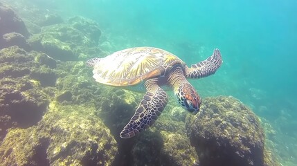 Obraz premium Graceful Sea Turtle Swimming in Clear Blue Water