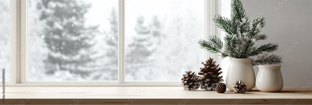 Poster a window with a view of snow covered trees and a white vase with pine cones on a wooden table