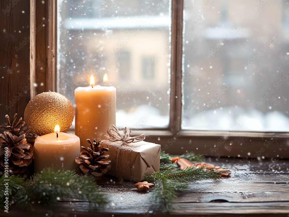 Poster a window with candles and pine cones on a table. the candles are lit and the pine cones are arranged