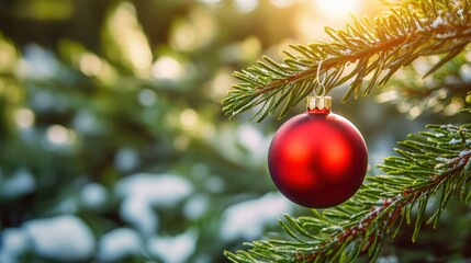 Red christmas ornament on a snow-covered evergreen branch in winter sunlight