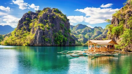 Naklejka premium Serene Island Landscape with Boat in Tropical Water