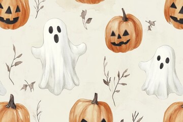 watercolor Halloween seamless pattern with cute ghost and funny pumpkin on beige background,