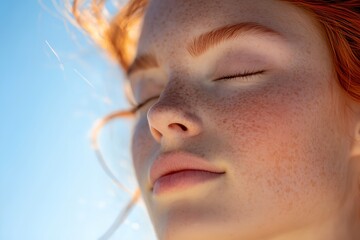 A woman with red hair and freckles is smiling and looking up at the sky. Concept of peace and relaxation, as the woman is enjoying the beautiful day