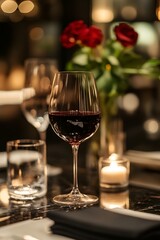 A wine glass with a candle on the table. The candle is lit and the wine glass is full. The table setting is elegant and sophisticated