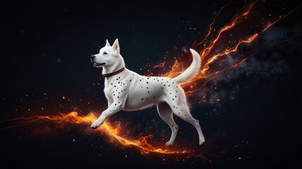 Fototapeta premium White dalmatian dog leaping through a trail of fire with a dark background.