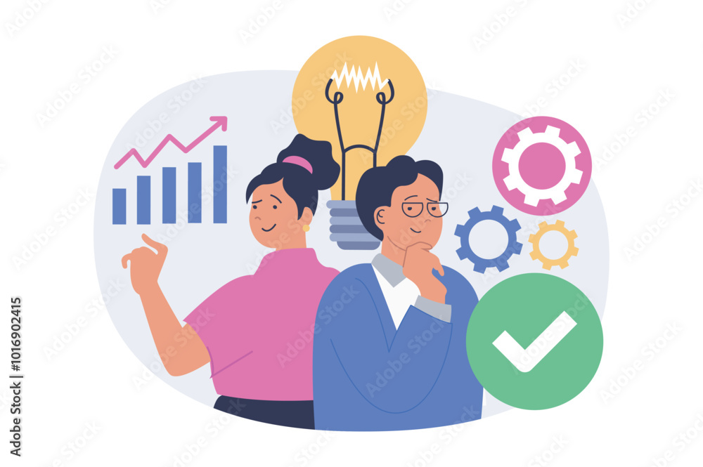 Aufkleber Teamwork concept in modern flat design for web. Man and woman brainstorming, analyzing business data, improving processes with innovation, developing business and achieving goals. Vector illustration.