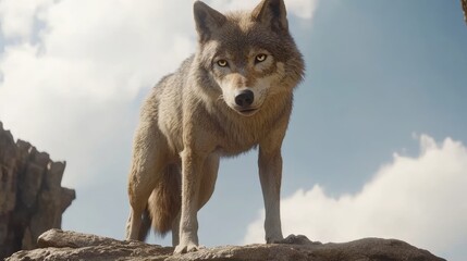 Obraz premium Majestic Wolf Standing on Rocky Outcrop