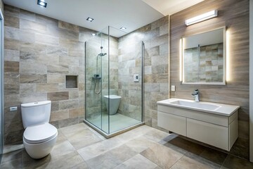 Minimalist bathroom with white toilet and glass shower enclosure