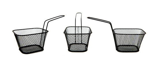 Empty black wire chip or French fries serving deep fryer basket isolated on white background with clipping path and copy space. Small metal wire frying basket. View from all sides.