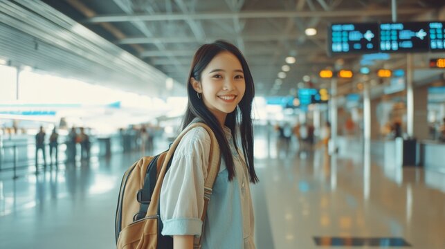Portrait of Asian young girl walk in airport terminal to boarding gate. Attractive beautiful female tourist passenger feel happy and excited to go travel abroad by airplane for holiday vacation trip. 
