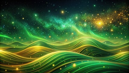 Obraz premium Abstract green and gold waves in a starry night sky long shot