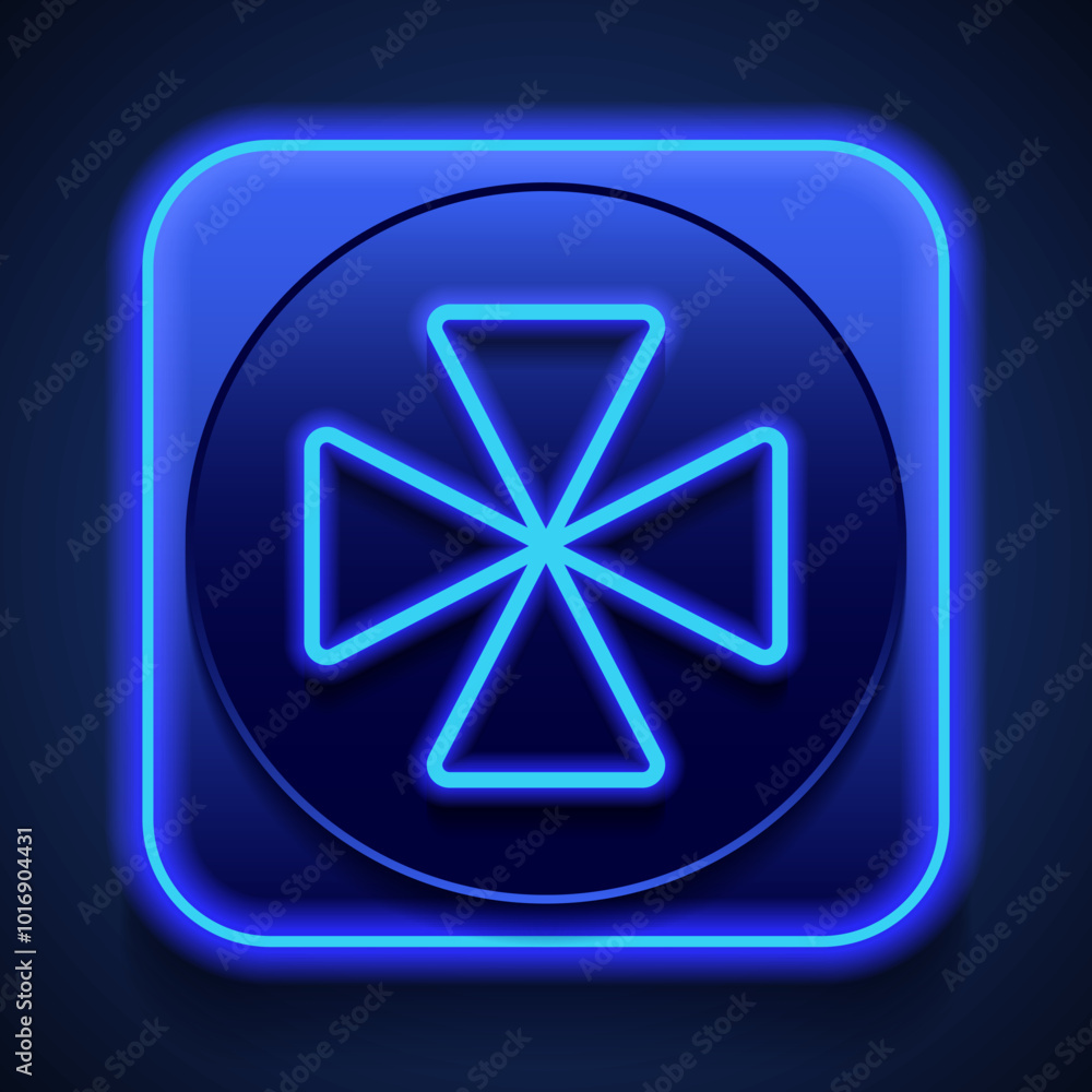 Poster cross simple icon, vector. flat design. blue neon style on button. with shadow