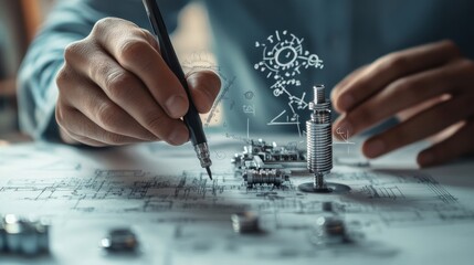 Detailed view of an engineer hand adjusting mechanical parts with mathematical equations and blueprints in the background