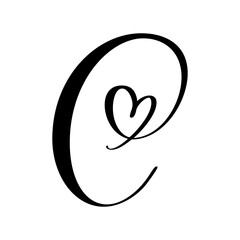 Hand drawn vector calligraphy love letter C. Vintage heart monogram. Script capital font logo. Handwritten brush style. element Valentine flourish. sign for page decoration design illustration