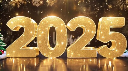 Golden 2025 numbers sparkle amid falling snowflakes and christmas trees. Perfect for festive and holiday-themed projects
