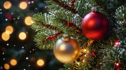 pine tree branch with Christmas ornaments