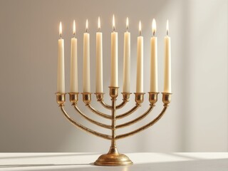 Elegant gold menorah with tall white candles lit, celebrating Hanukkah, displayed on a white surface under soft natural lighting