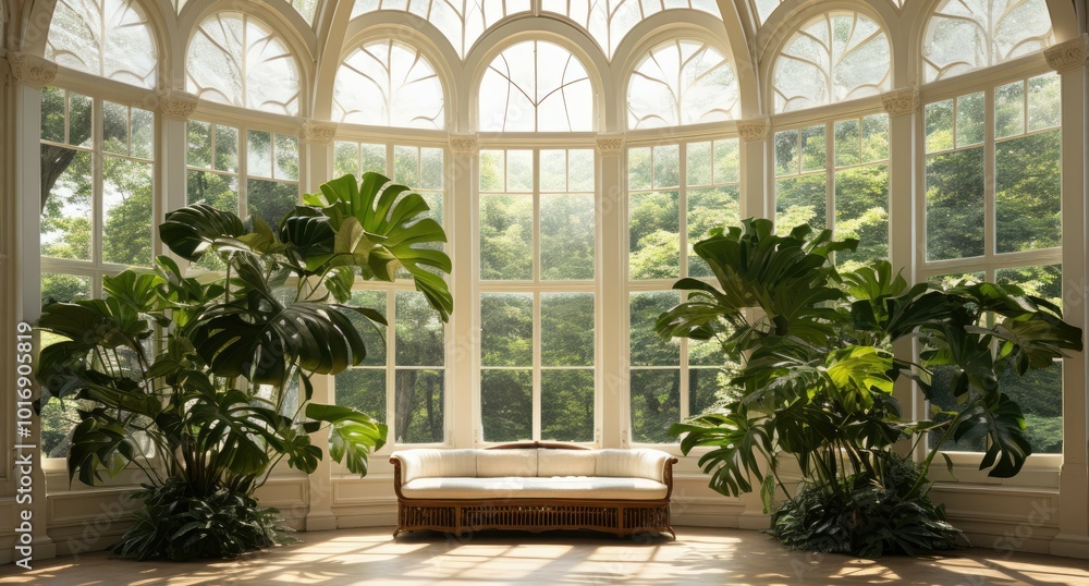Poster the conservatory features large windows that allow sunlight to flood in, illuminating lush green tro