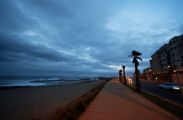 Storm on the ocean. Beautiful landscape of the seashore promenade at Rabat, Morocco.