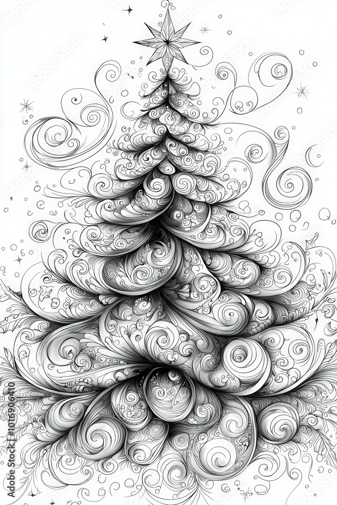 Aufkleber an elaborate black and white drawing features a christmas tree adorned with swirling shapes and patt