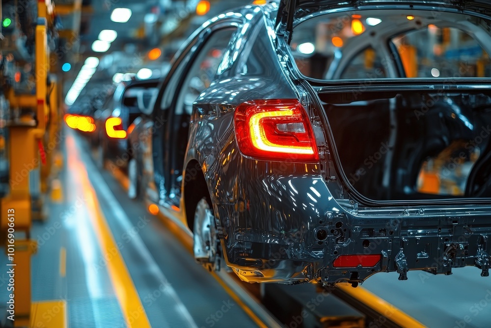 Aufkleber Workers are assembling vehicles in a high-tech factory, showcasing the intricate process of automobile production under artificial lighting during nighttime