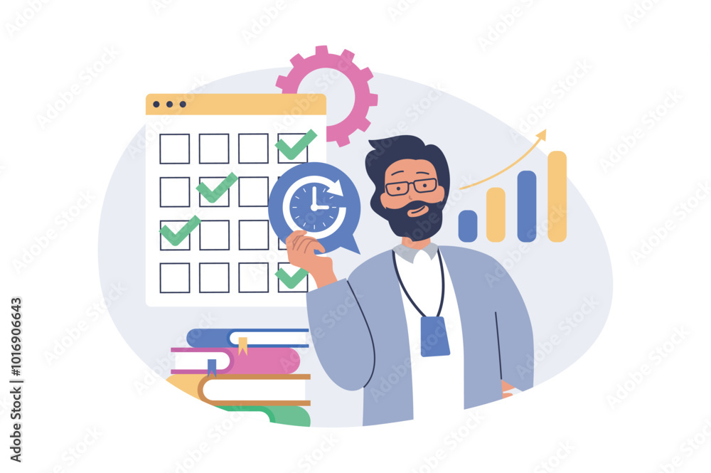 Leinwandbilder time management concept in modern flat design for web. man planning job, setting with tasks in calen