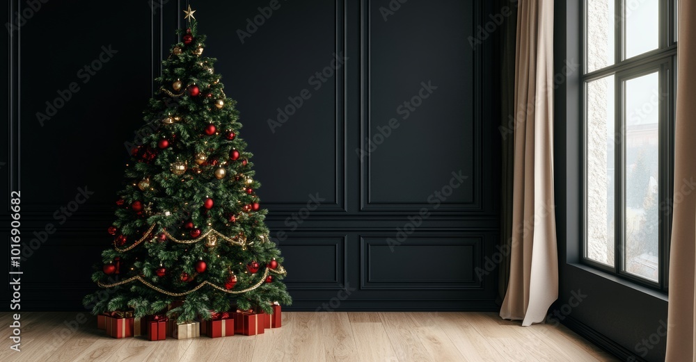 Wall mural an image of a decorated christmas tree by a window at home shows a composite digital image with copy