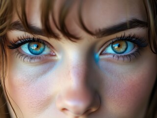 Fototapeta premium Close-up of a woman's eyes with heterochromia, showcasing one blue and one hazel eye, detailed lashes, and soft lighting highlighting facial features