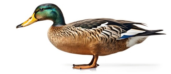 Obraz premium Male Mallard Duck with a Yellow Beak Standing on White Background