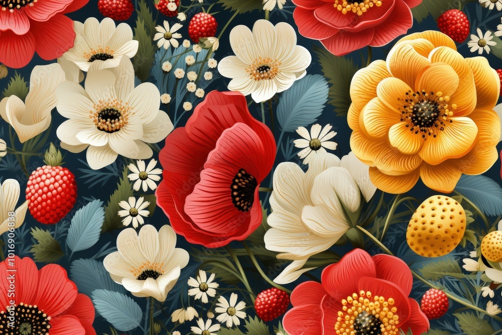 Canvas Prints The vibrant floral composition features an array of bright flowers like poppies and daisies, set against a deep blue backdrop, highlighting their intricate textures and colors